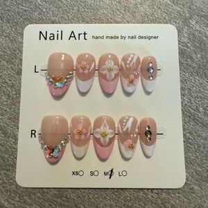 Pink and White Nail Art Set with Gem Accents Press On Medium Almond